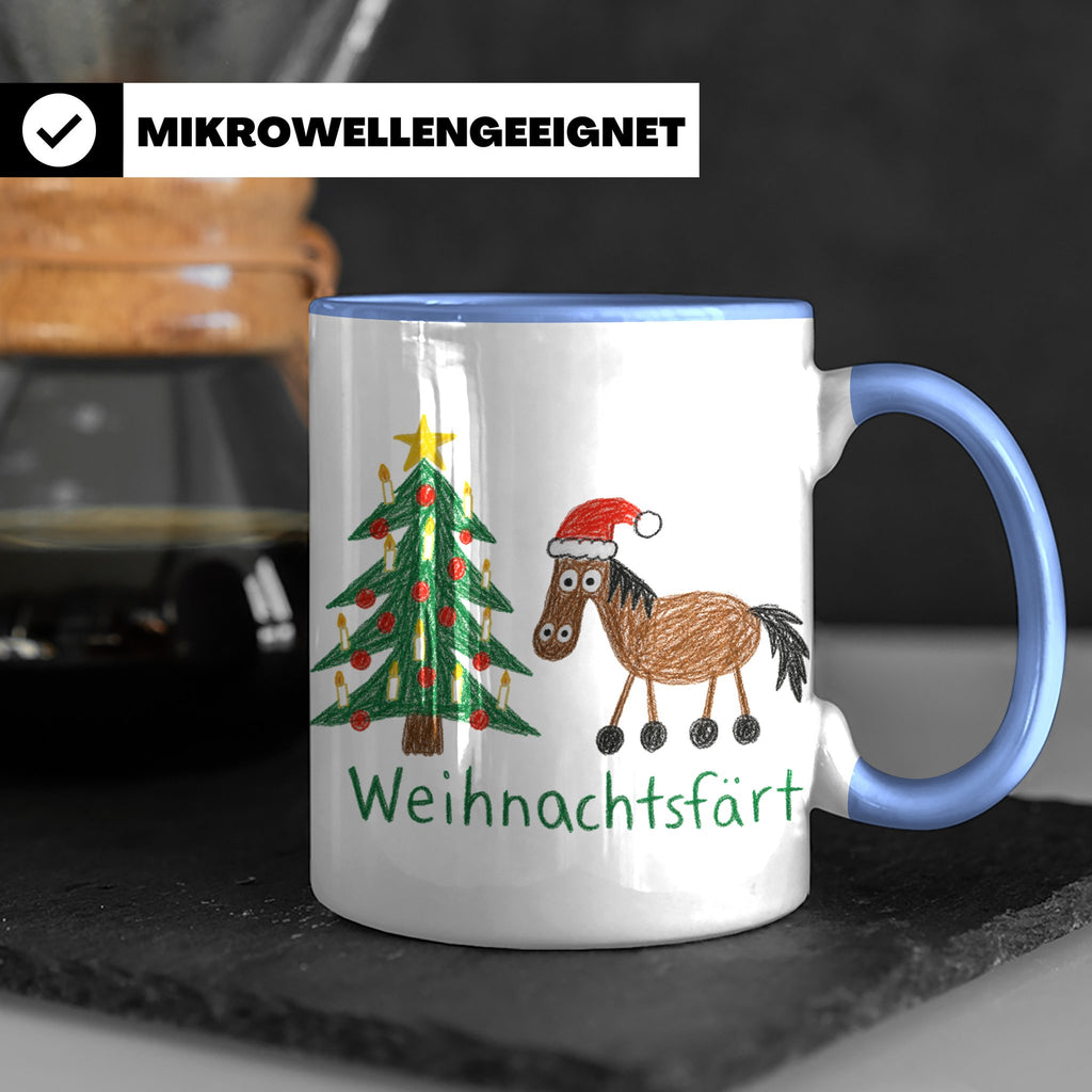 Weihnachtsfärt Tasse lustig Pferd mit Weihnachtsmütze Kaffee – Blau [farbe:blau]