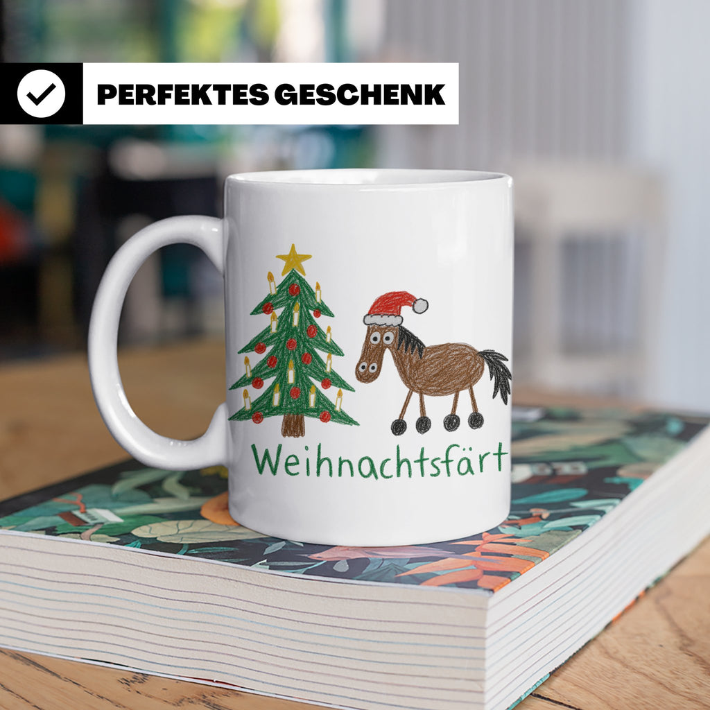 Weihnachtsfärt Tasse lustig Pferd mit Weihnachtsmütze Kaffee – Weiß [farbe:weiß]