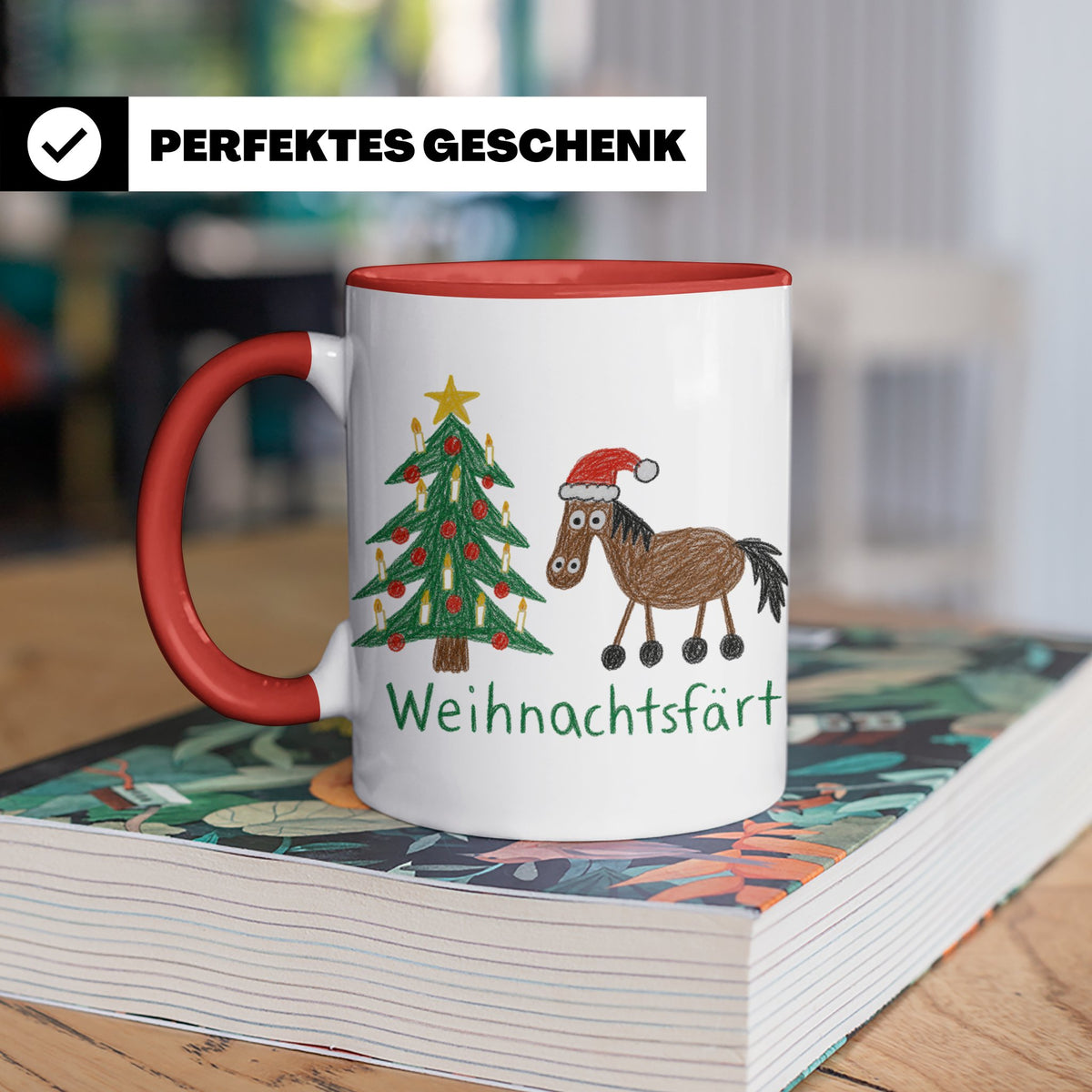 Weihnachtsfärt Tasse lustig Pferd mit Weihnachtsmütze Kaffee – Rot [farbe:rot]
