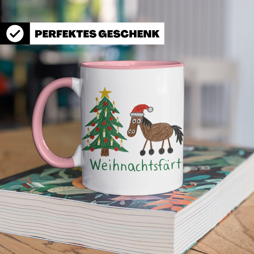 Weihnachtsfärt Tasse lustig Pferd mit Weihnachtsmütze Kaffee – Rosa [farbe:rosa]