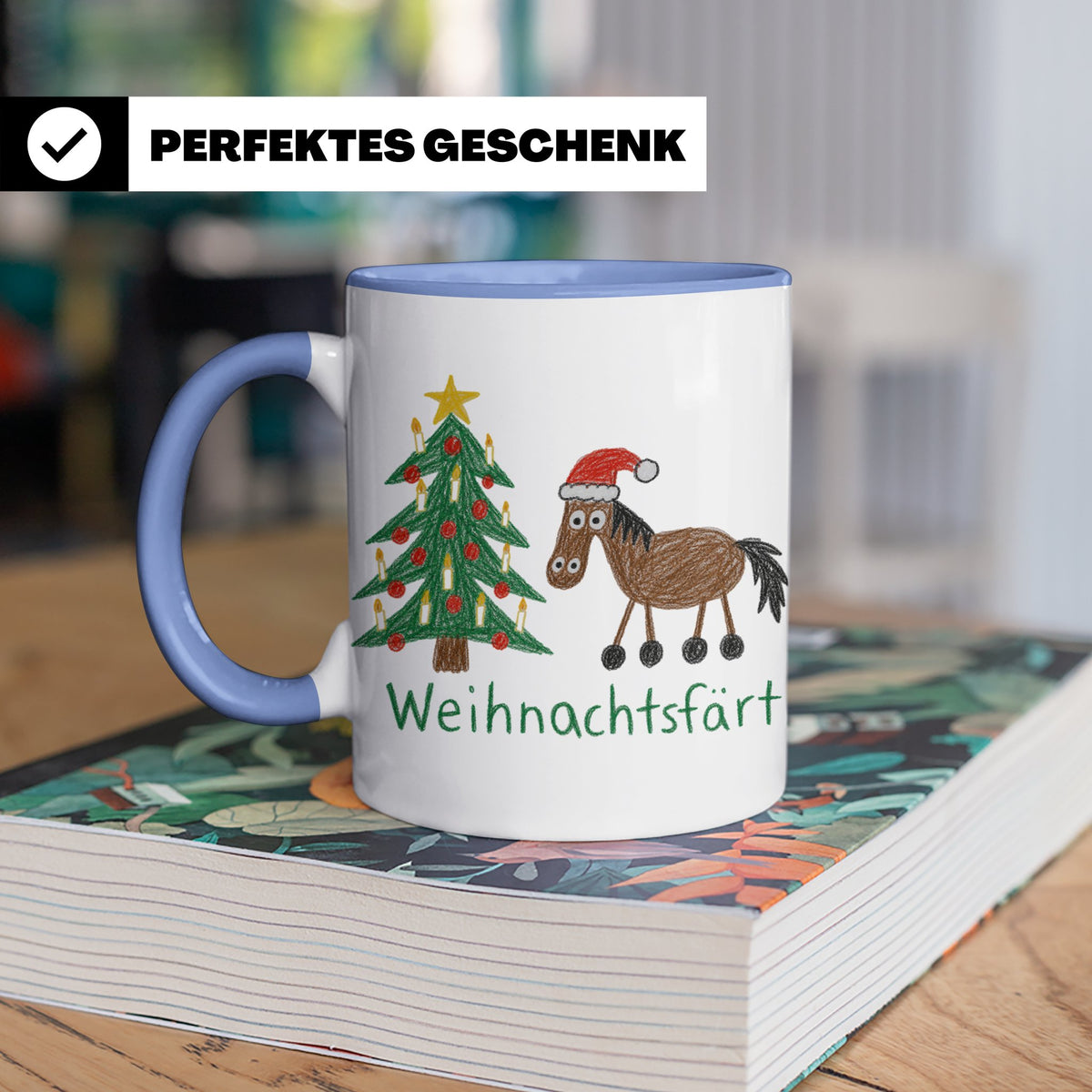 Weihnachtsfärt Tasse lustig Pferd mit Weihnachtsmütze Kaffee – Blau [farbe:blau]