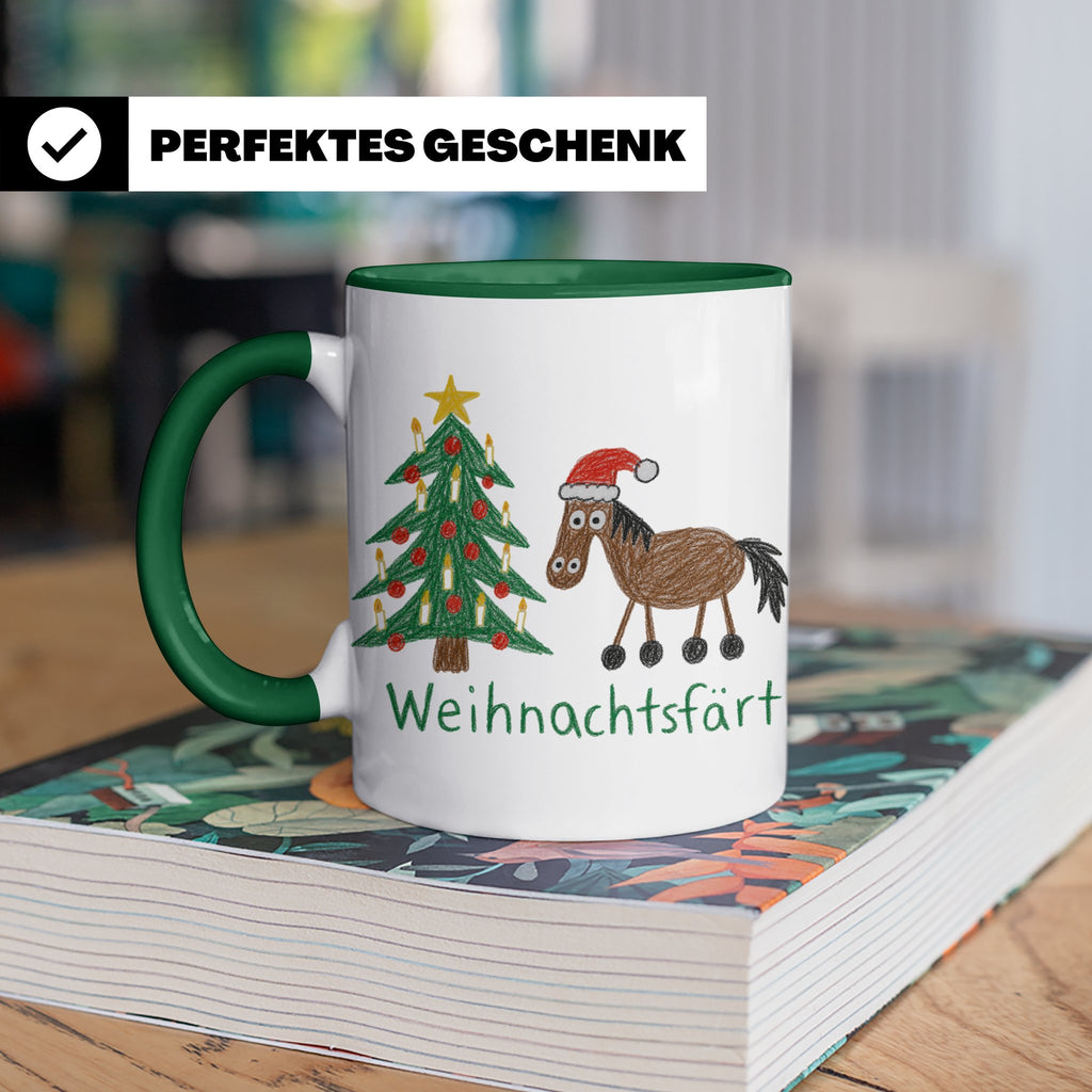 Weihnachtsfärt Tasse lustig Pferd mit Weihnachtsmütze Kaffee – Grün [farbe:grün]