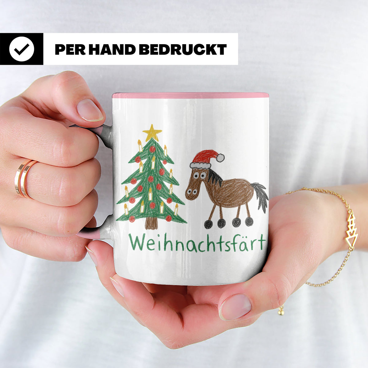 Weihnachtsfärt Tasse lustig Pferd mit Weihnachtsmütze Kaffee – Rosa [farbe:rosa]
