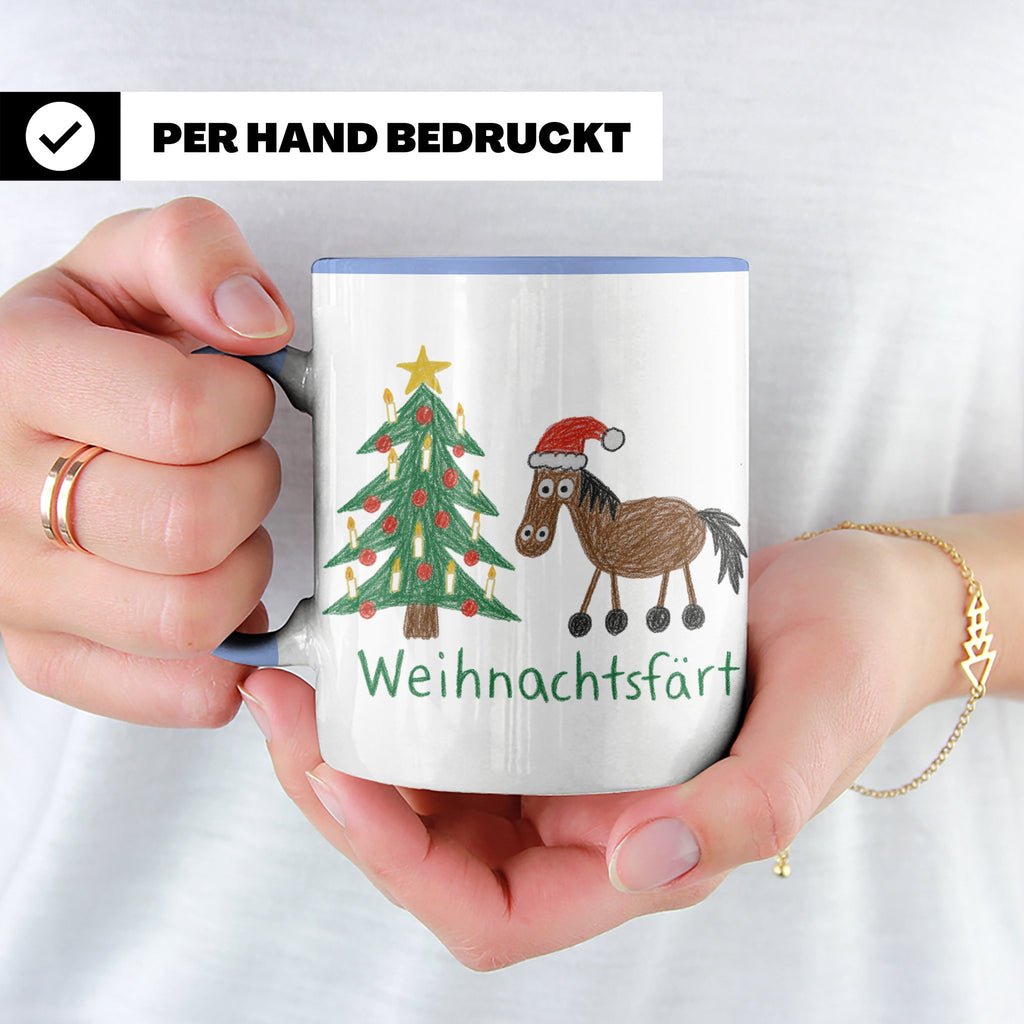 Weihnachtsfärt Tasse lustig Pferd mit Weihnachtsmütze Kaffee – Blau [farbe:blau]