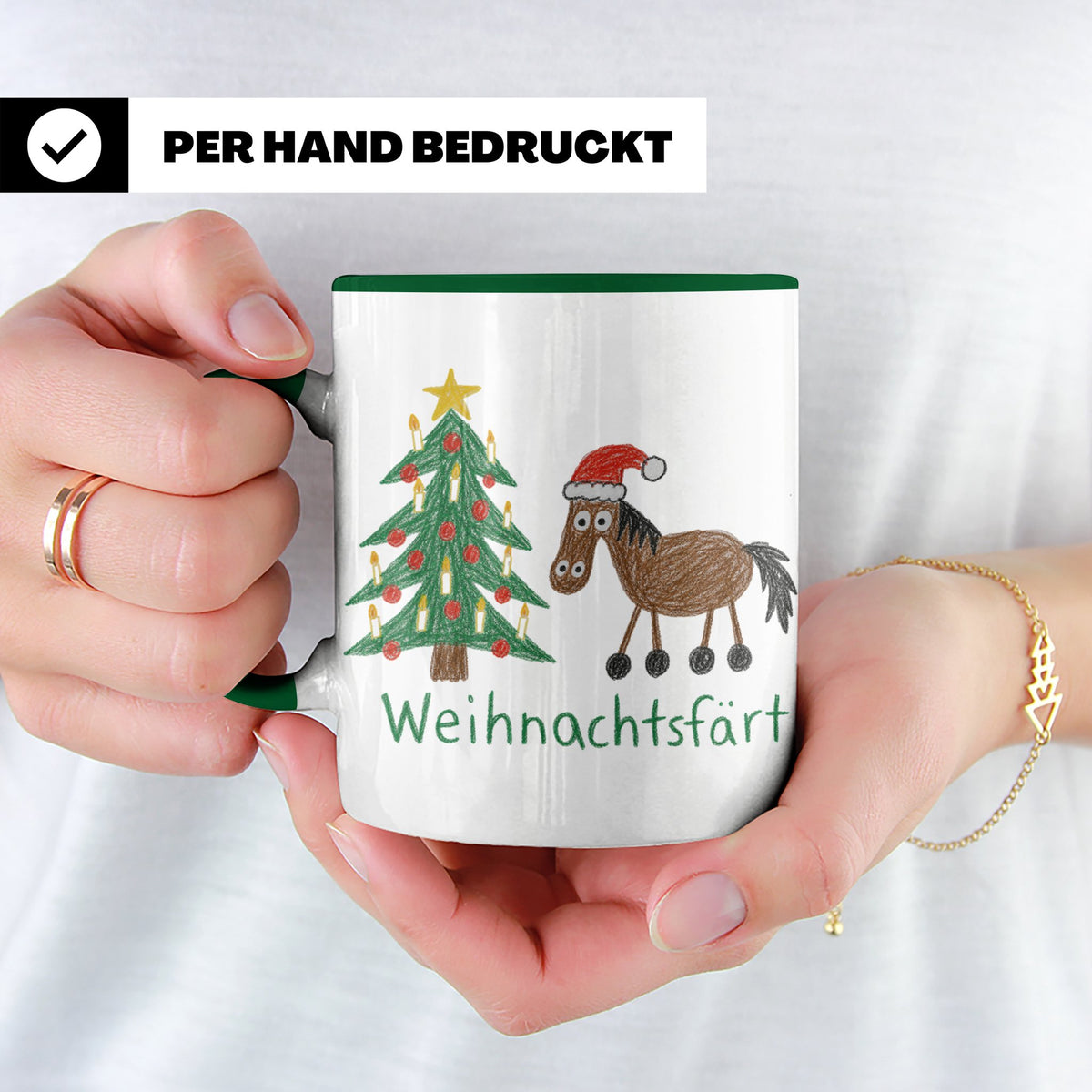 Weihnachtsfärt Tasse lustig Pferd mit Weihnachtsmütze Kaffee – Grün [farbe:grün]