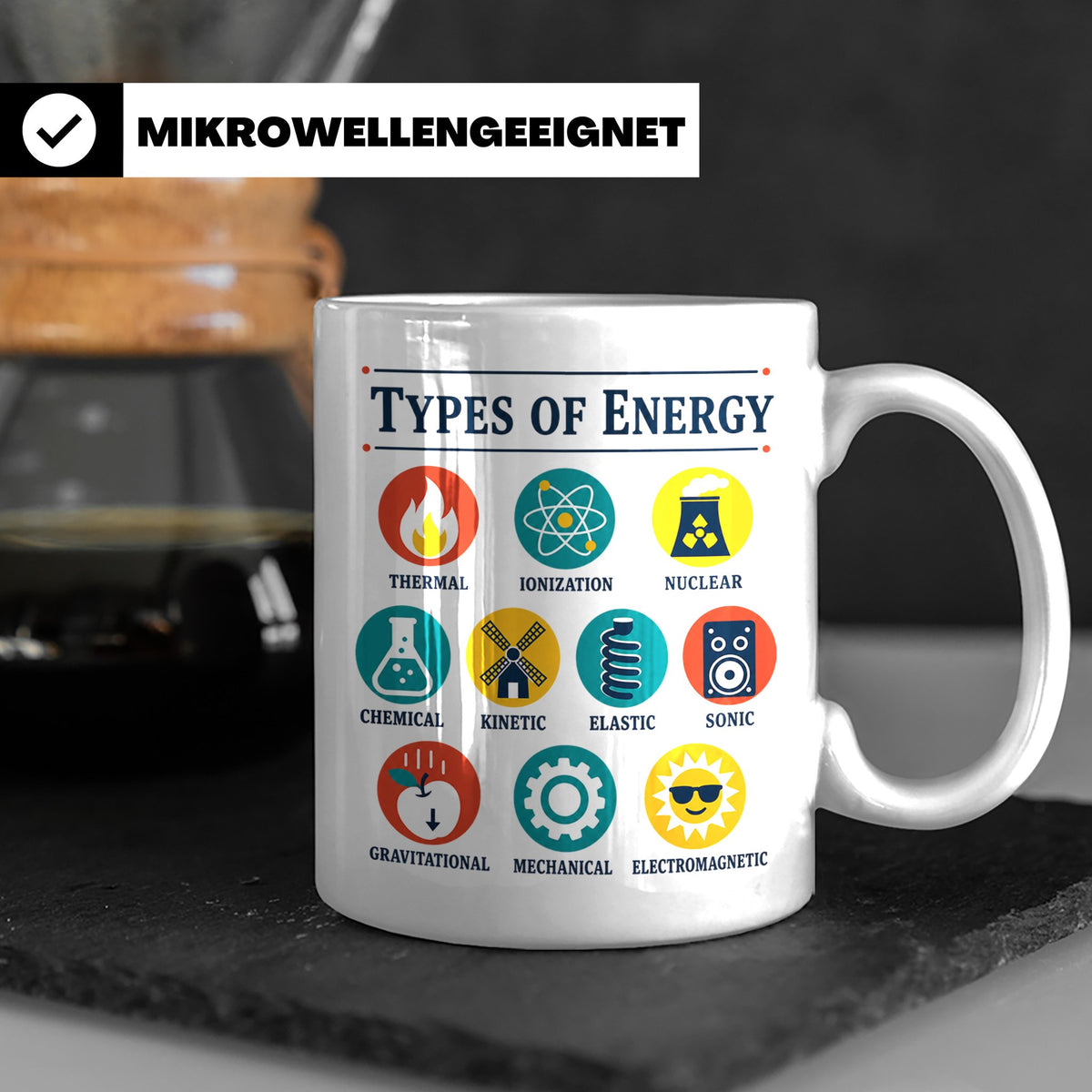 Physik Tasse Energieformen lustiges Wissenschaft Motiv MINT  – Weiß [farbe:weiß]