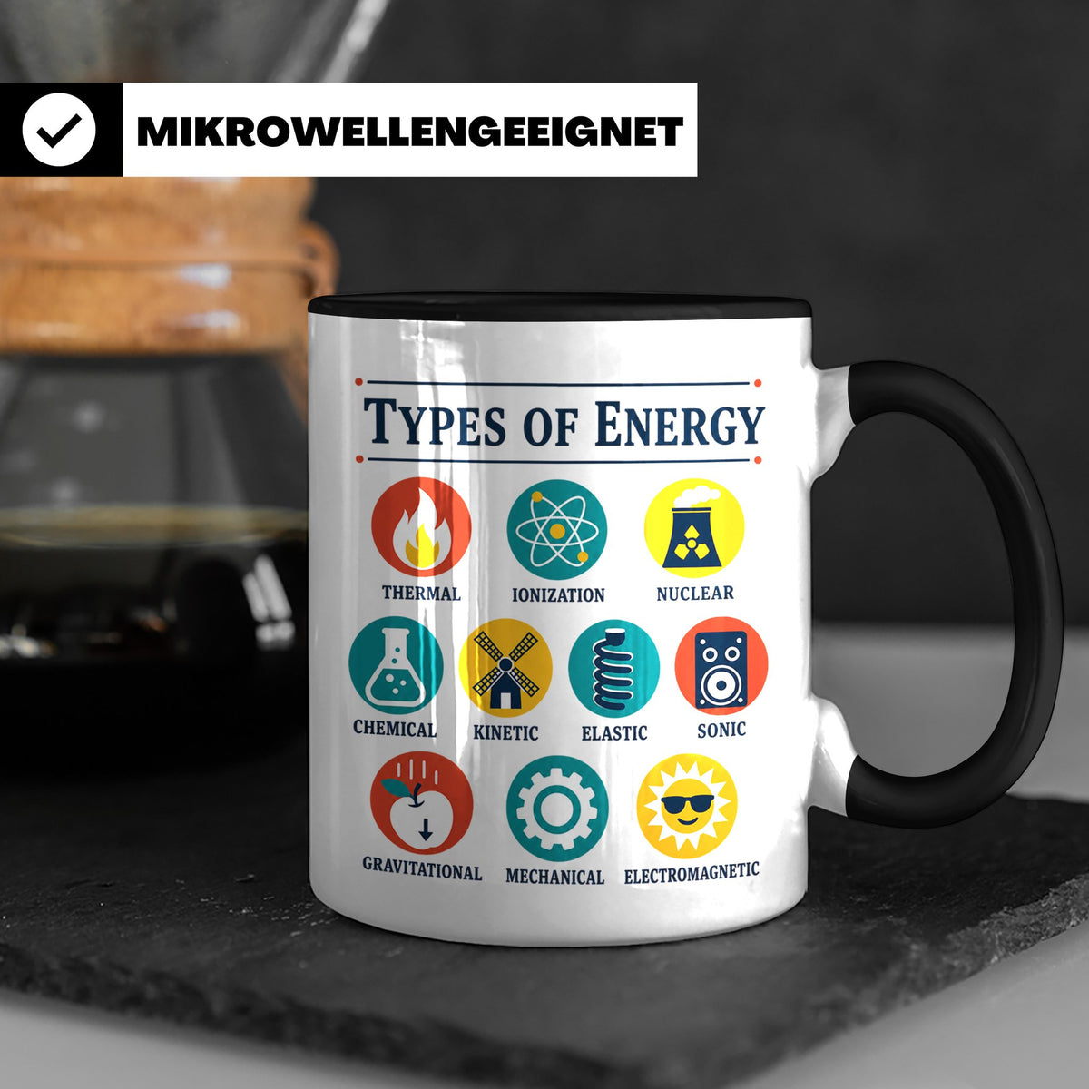 Physik Tasse Energieformen lustiges Wissenschaft Motiv MINT  – Schwarz [farbe:schwarz]