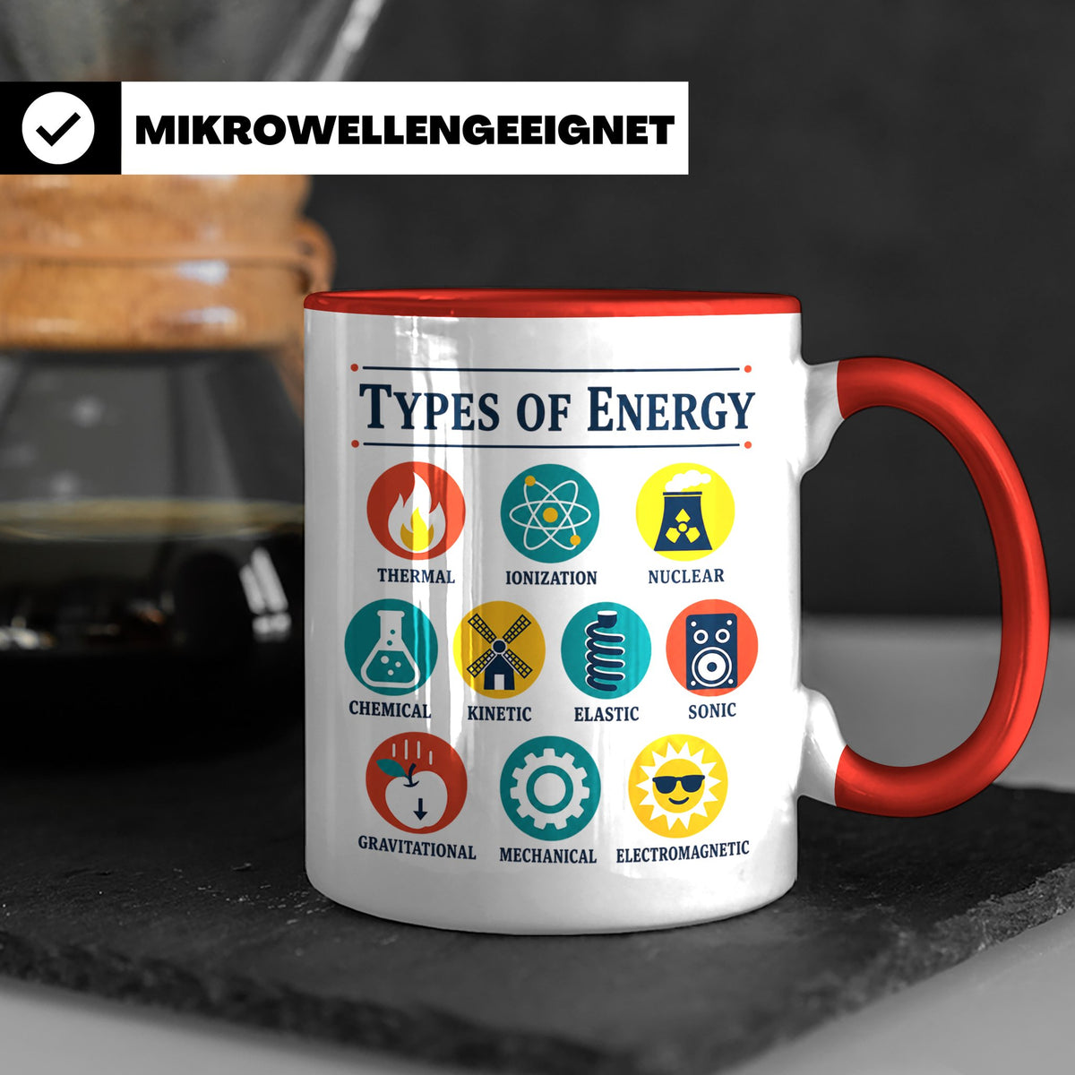 Physik Tasse Energieformen lustiges Wissenschaft Motiv MINT  – Rot [farbe:rot]
