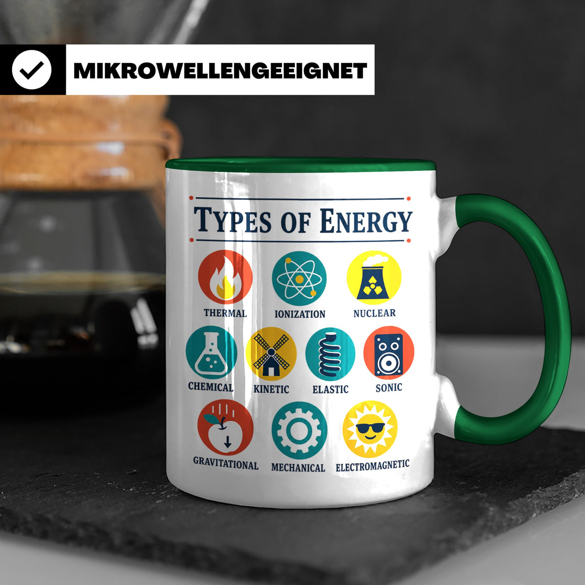 Physik Tasse Energieformen lustiges Wissenschaft Motiv MINT  – Grün [farbe:grün]