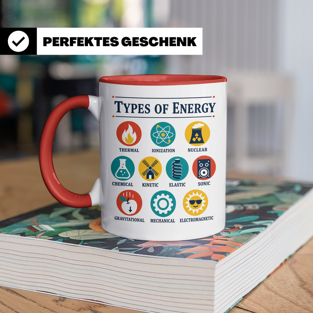 Physik Tasse Energieformen lustiges Wissenschaft Motiv MINT  – Rot [farbe:rot]