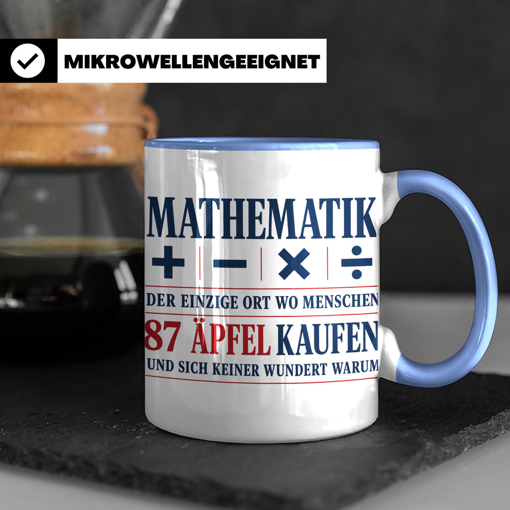 Mathematik Tasse mit Spruch 87 Äpfel | Geschenk für Matheleh – Blau [farbe:blau]