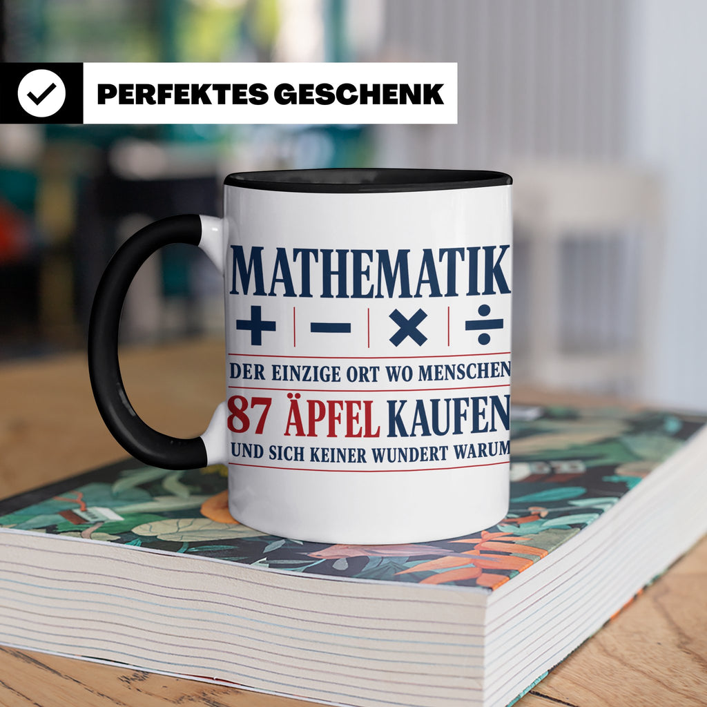 Mathematik Tasse mit Spruch 87 Äpfel | Geschenk für Matheleh – Schwarz [farbe:schwarz]
