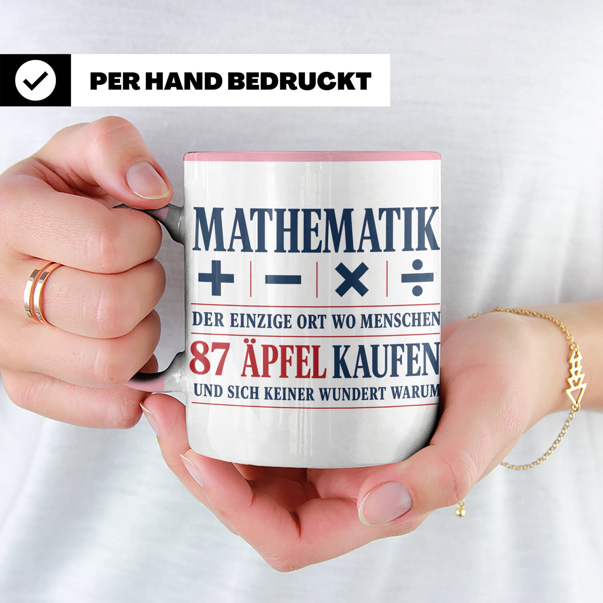 Mathematik Tasse mit Spruch 87 Äpfel | Geschenk für Matheleh – Rosa [farbe:rosa]