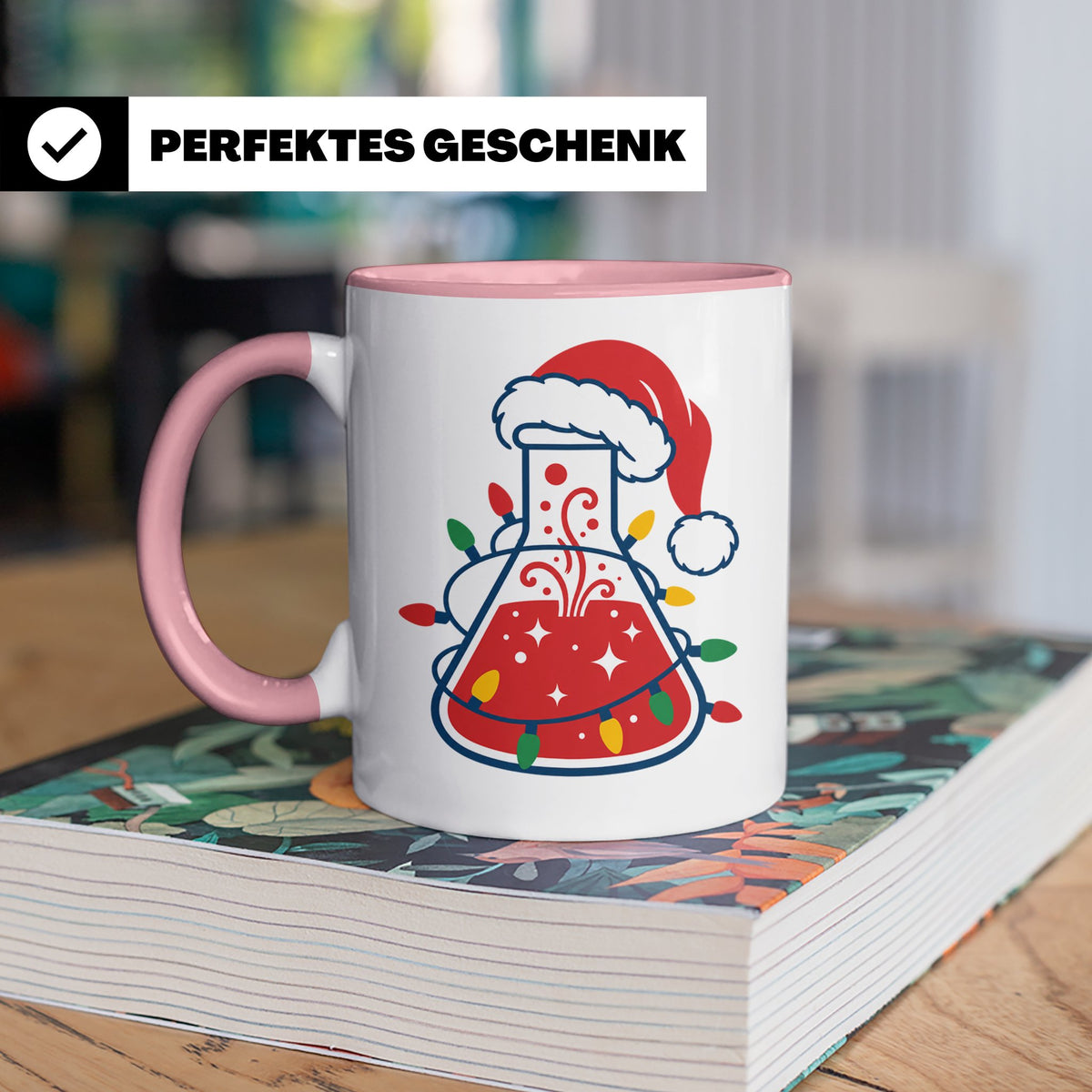 Chemiker Tasse Weihnachten lustig mit Erlenmeyerkolben & Lic – Rosa [farbe:rosa]