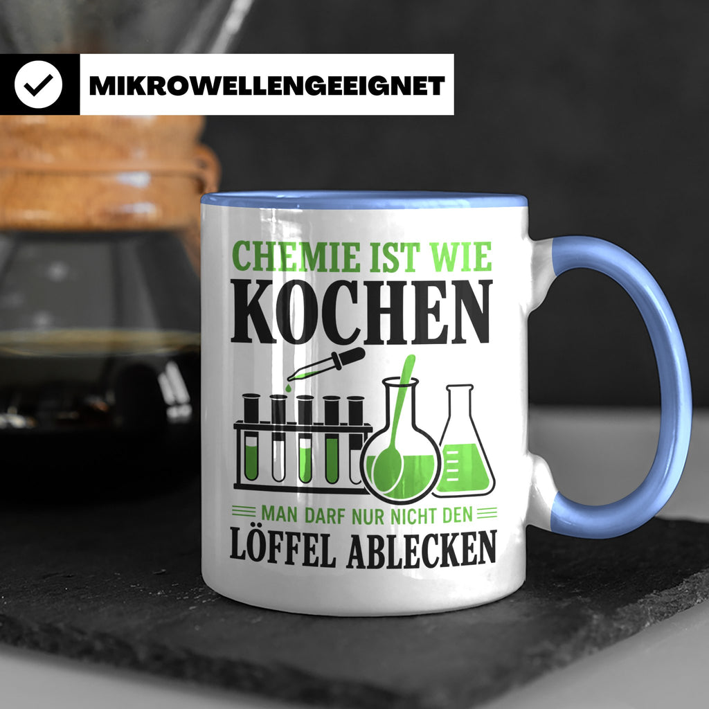 Chemiker Tasse mit Spruch Chemie ist wie Kochen lustig | Ges – Blau [farbe:blau]