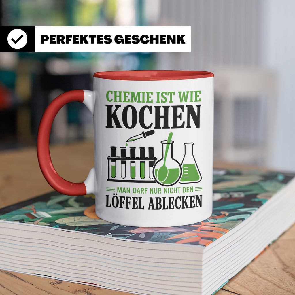 Chemiker Tasse mit Spruch Chemie ist wie Kochen lustig | Ges – Rot [farbe:rot]