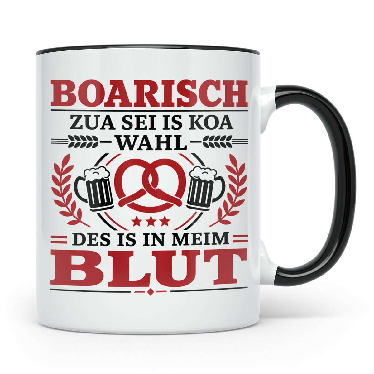 Boarisch Tasse mit Spruch Des is in meim Blut lustige Bayeri – Schwarz [farbe:schwarz]