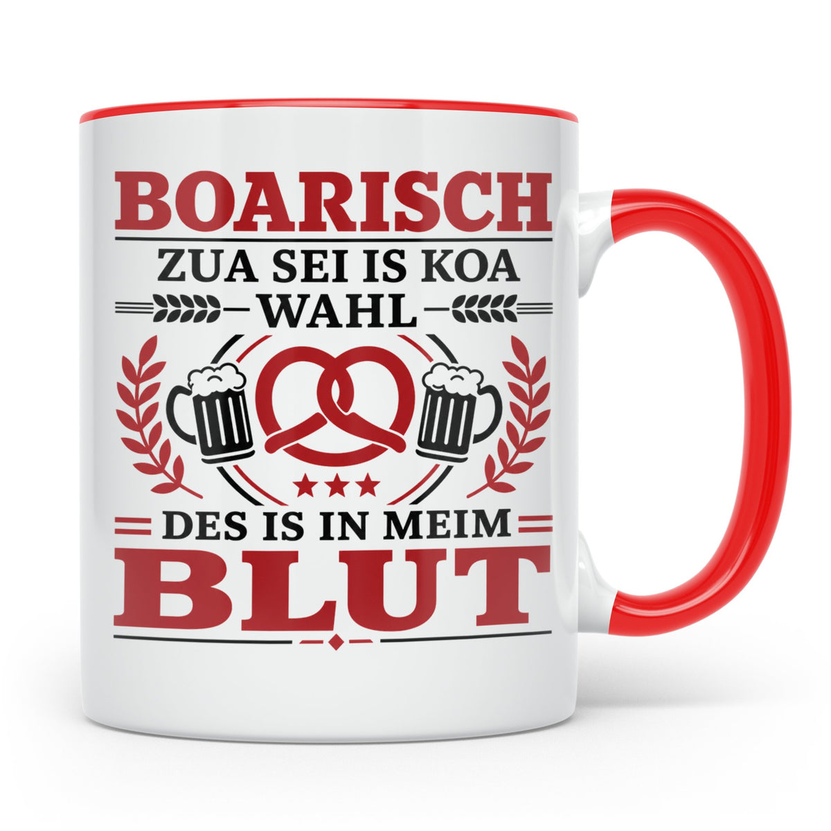Boarisch Tasse mit Spruch Des is in meim Blut lustige Bayeri – Rot [farbe:rot]