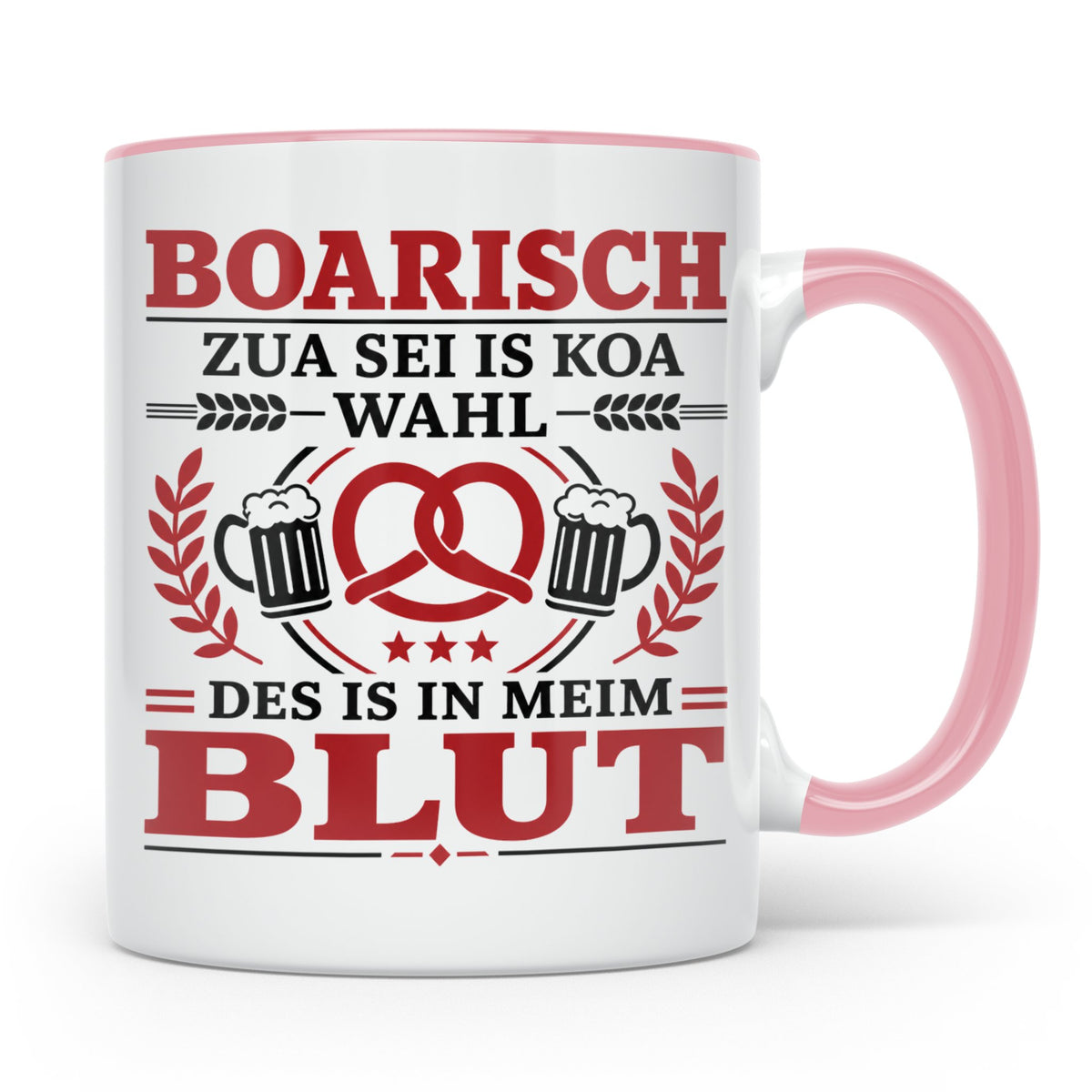 Boarisch Tasse mit Spruch Des is in meim Blut lustige Bayeri – Rosa [farbe:rosa]