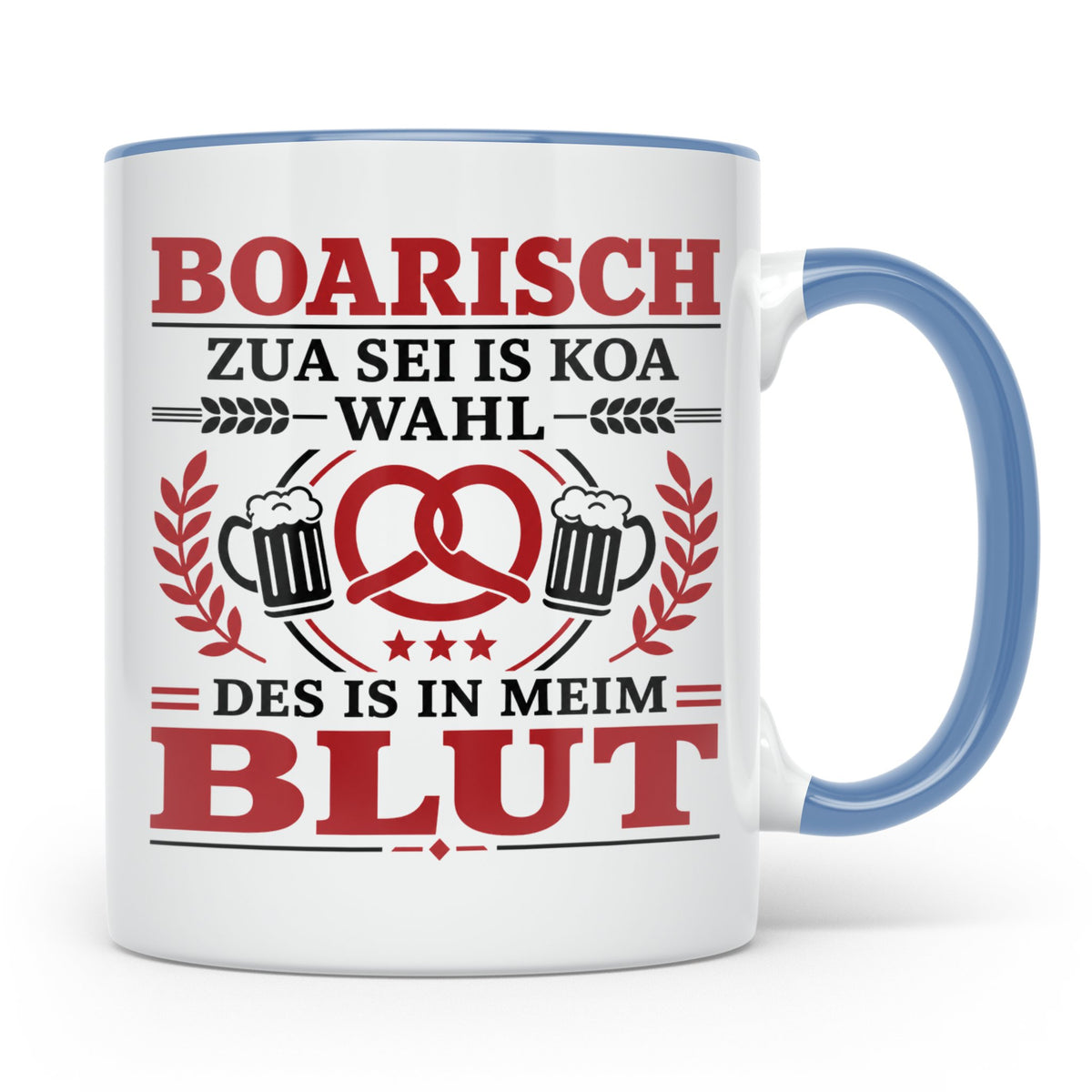 Boarisch Tasse mit Spruch Des is in meim Blut lustige Bayeri – Blau [farbe:blau]