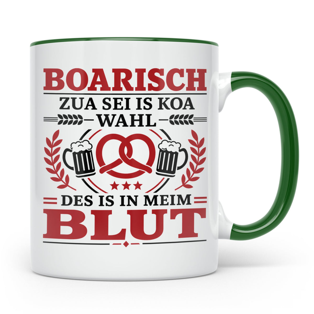 Boarisch Tasse mit Spruch Des is in meim Blut lustige Bayeri – Grün [farbe:grün]