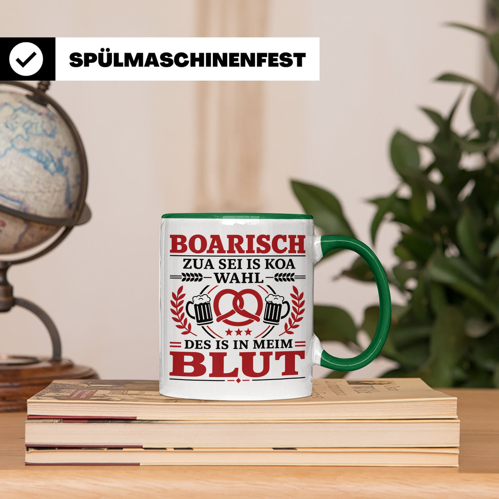 Boarisch Tasse mit Spruch Des is in meim Blut lustige Bayeri – Grün [farbe:grün]
