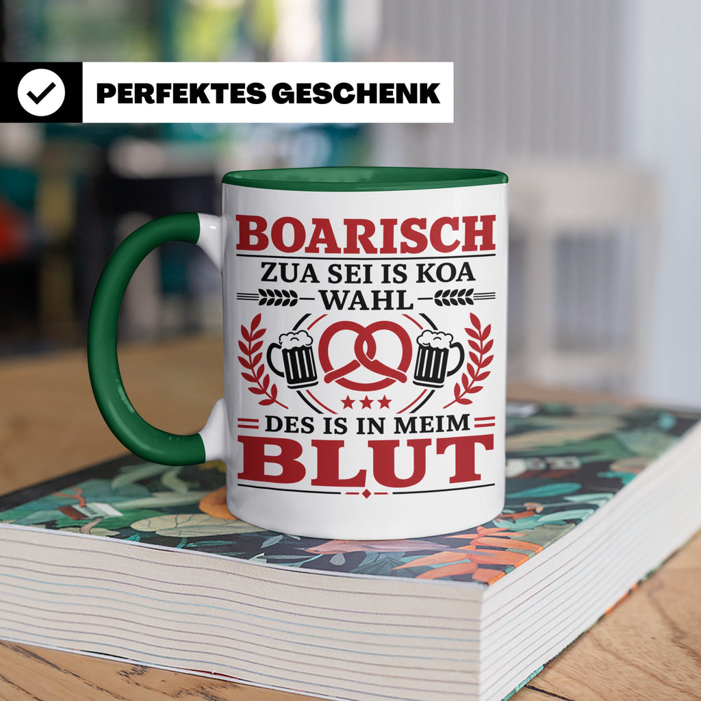 Boarisch Tasse mit Spruch Des is in meim Blut lustige Bayeri – Grün [farbe:grün]