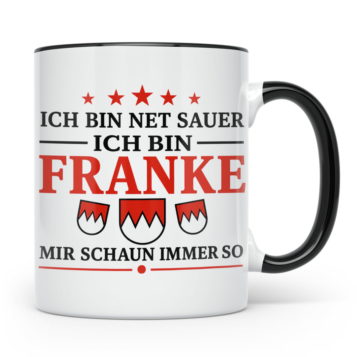 Franke Tasse mit Spruch Ich bin net sauer | Geschenk für Fra – Schwarz [farbe:schwarz]