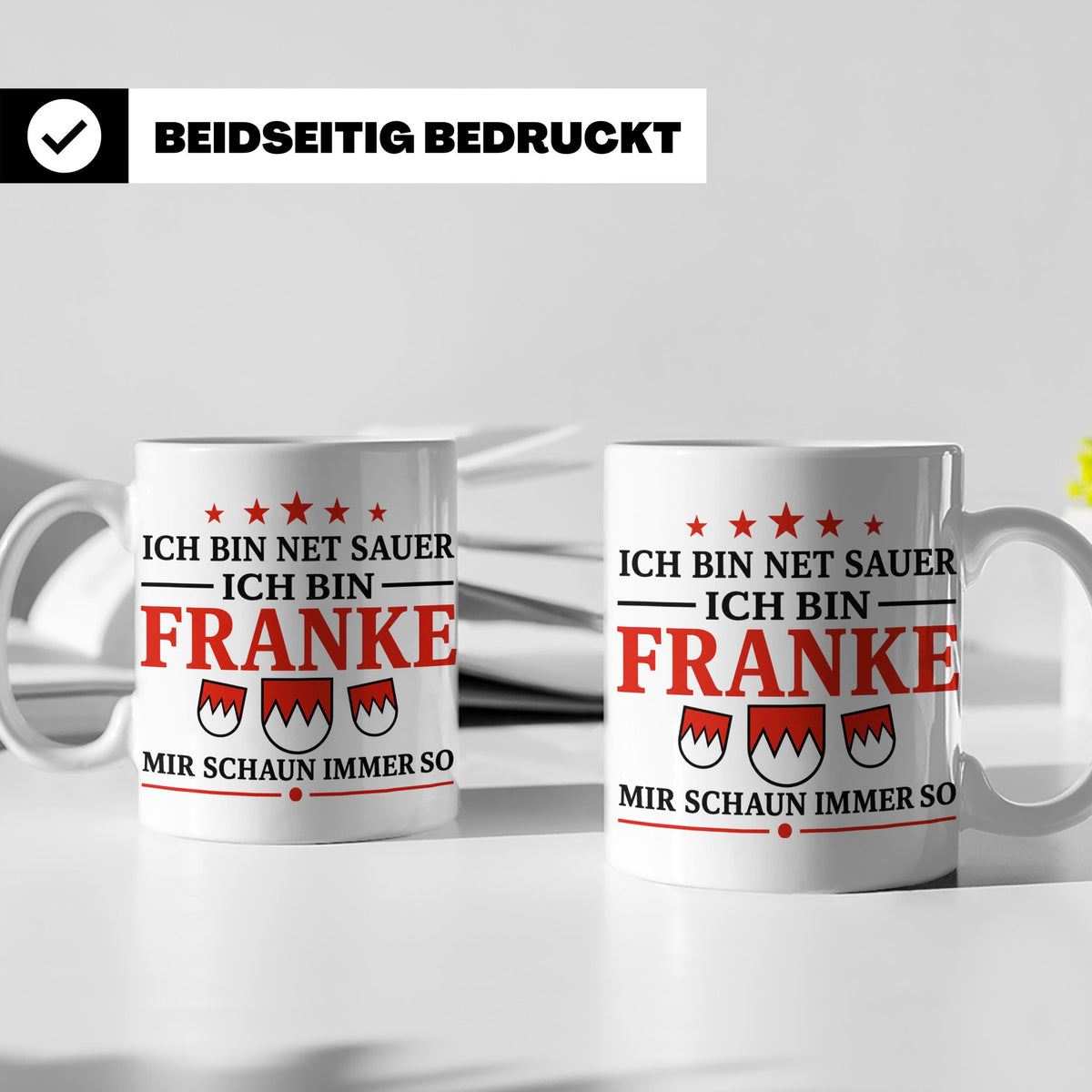 Franke Tasse mit Spruch Ich bin net sauer | Geschenk für Fra – Weiß [farbe:weiß]