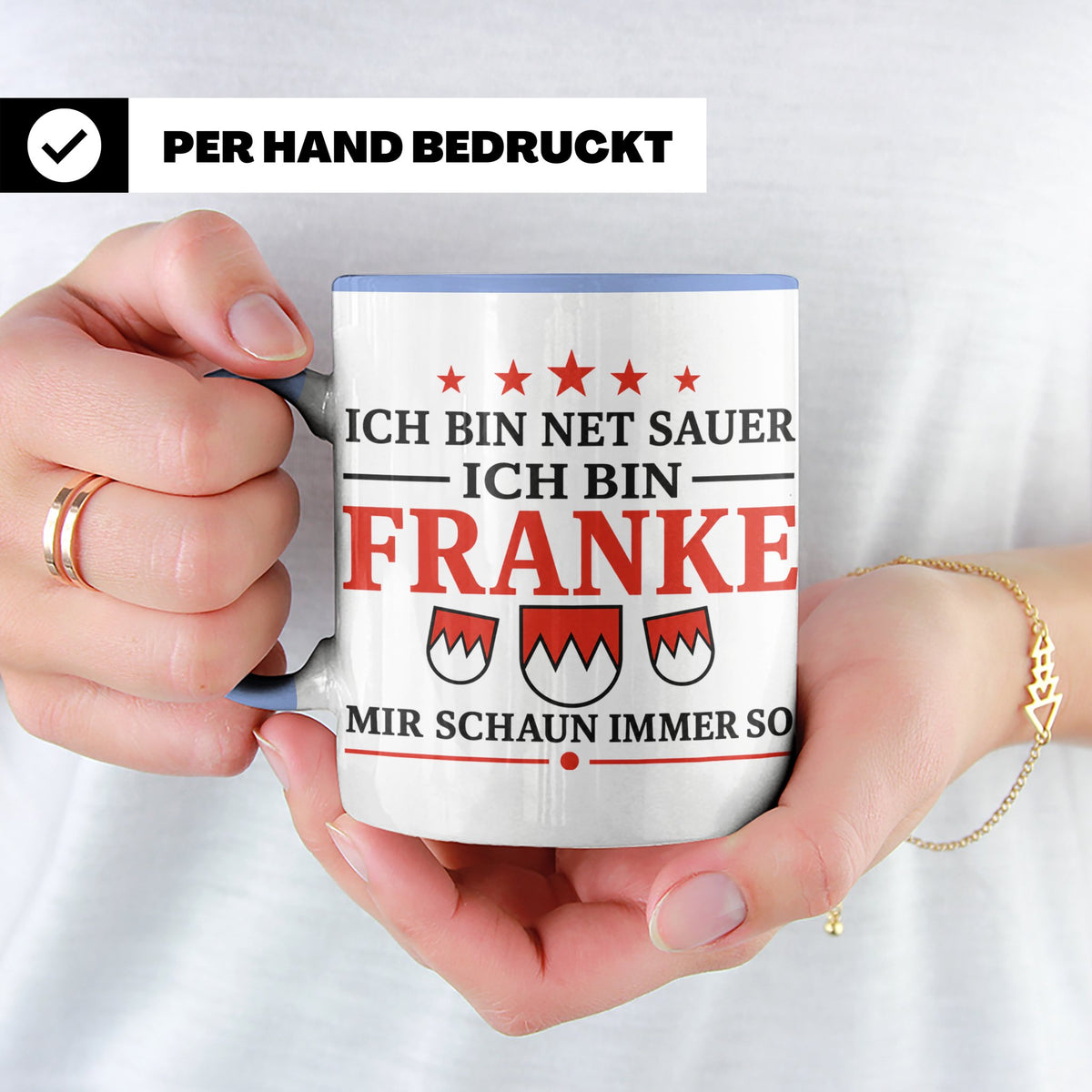 Franke Tasse mit Spruch Ich bin net sauer | Geschenk für Fra – Blau [farbe:blau]