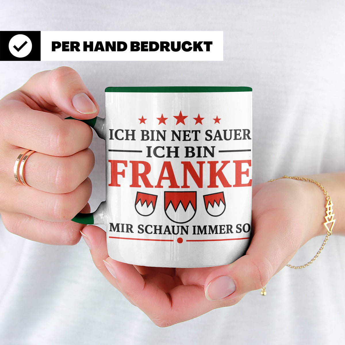 Franke Tasse mit Spruch Ich bin net sauer | Geschenk für Fra – Grün [farbe:grün]