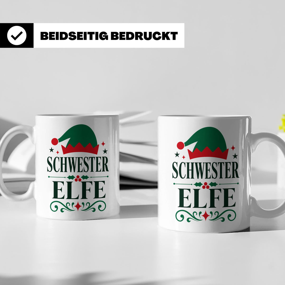 Schwester Elfe Tasse Lustiges Familien Partnerlook Design fü – Weiß [farbe:weiß]