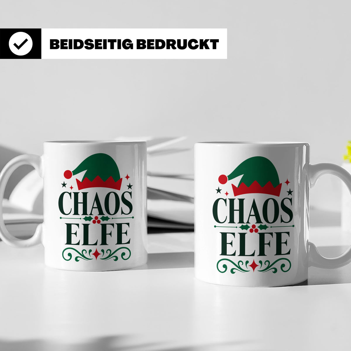 Chaos Elfe Tasse lustig für Familie Weihnachten Kaffeetasse  – Weiß [farbe:weiß]