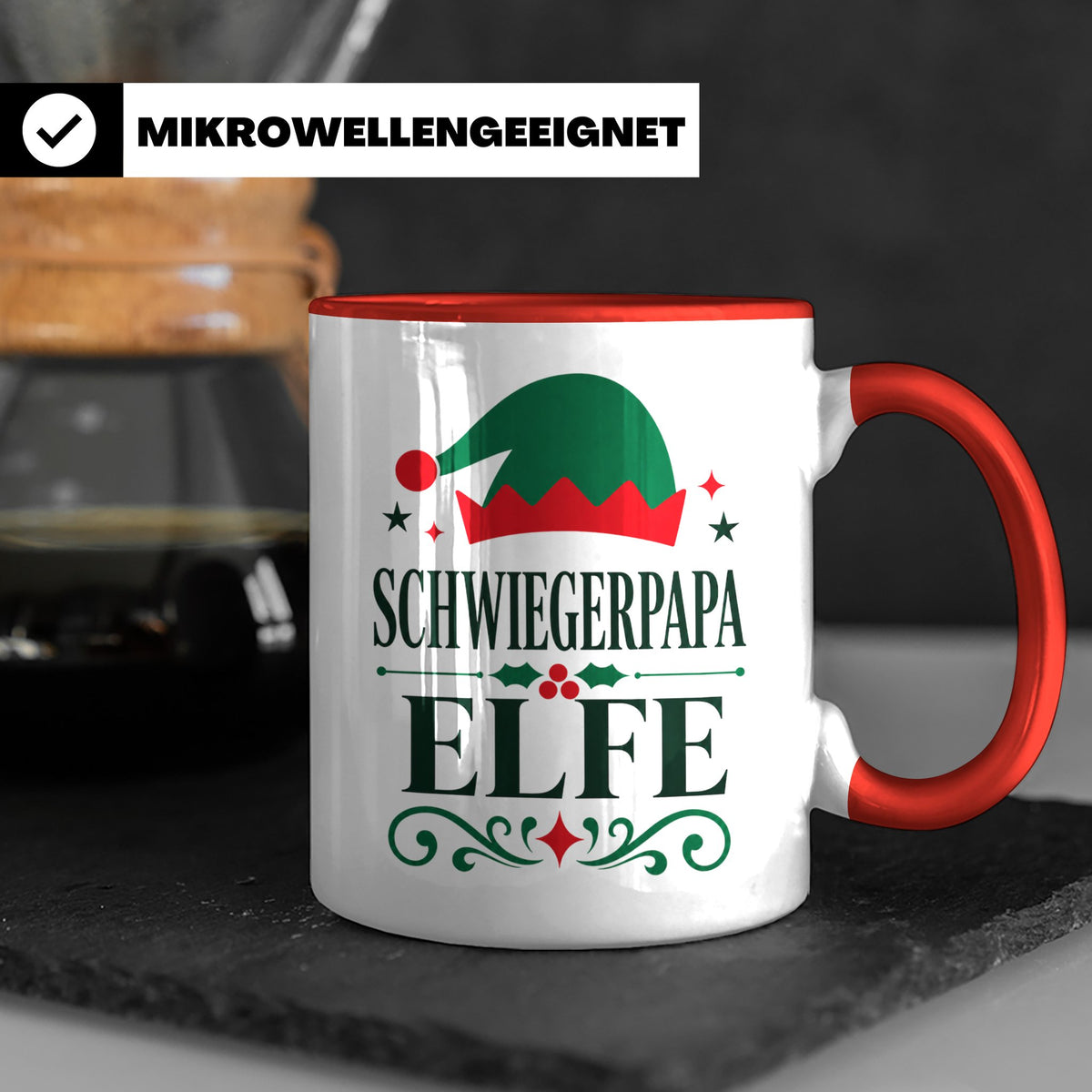 Schwiegerpapa Elfe Tasse lustiger Spruch Kaffeetasse Geschen – Rot [farbe:rot]