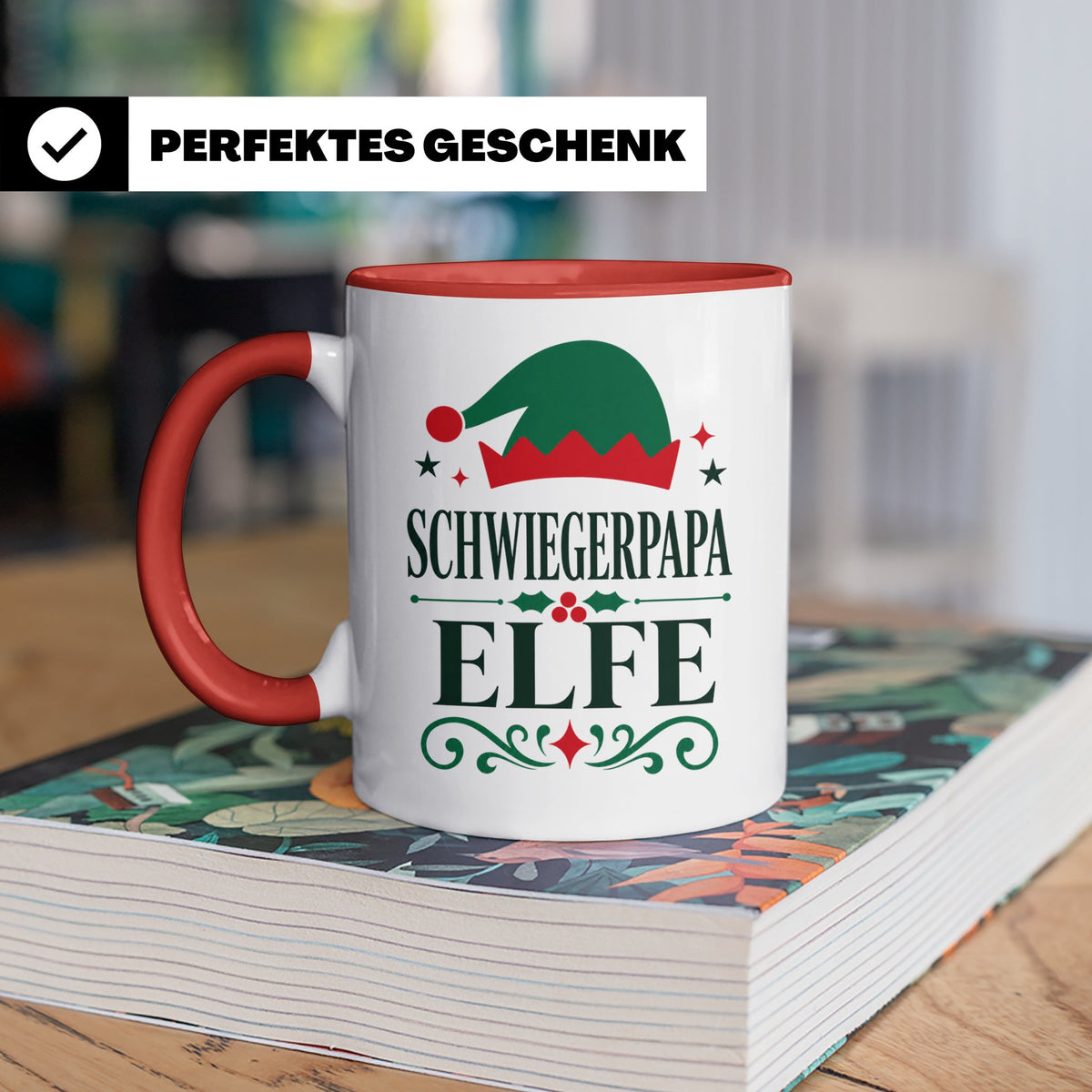 Schwiegerpapa Elfe Tasse lustiger Spruch Kaffeetasse Geschen – Rot [farbe:rot]