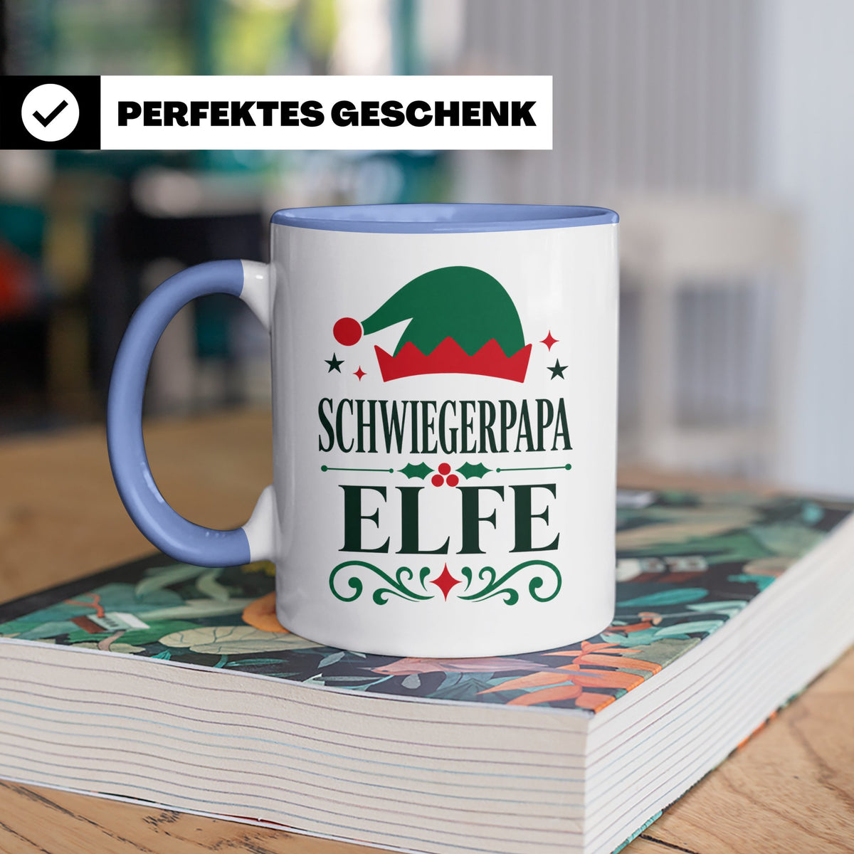 Schwiegerpapa Elfe Tasse lustiger Spruch Kaffeetasse Geschen – Blau [farbe:blau]