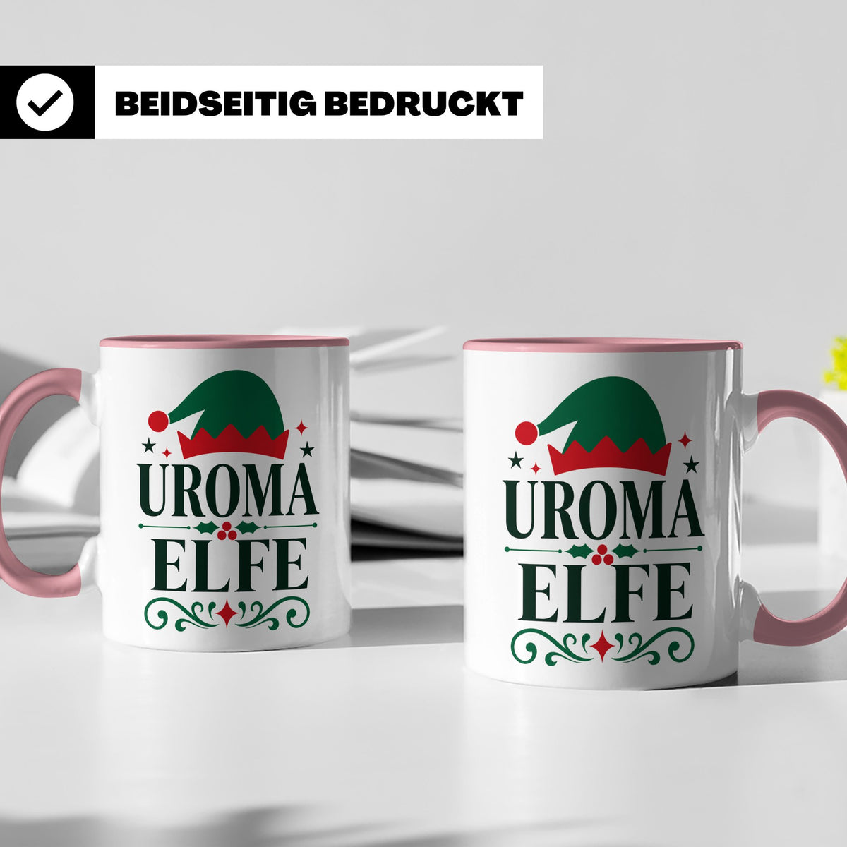 Uroma Elfe Tasse lustig Weihnachts Partnerlook Familie Gesch – Rosa [farbe:rosa]