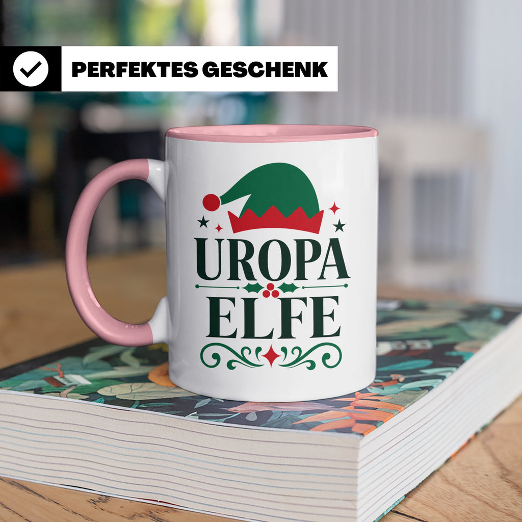 Uropa Elfe Tasse lustiges Urgroßvater Geschenk | Weihnachtse – Rosa [farbe:rosa]