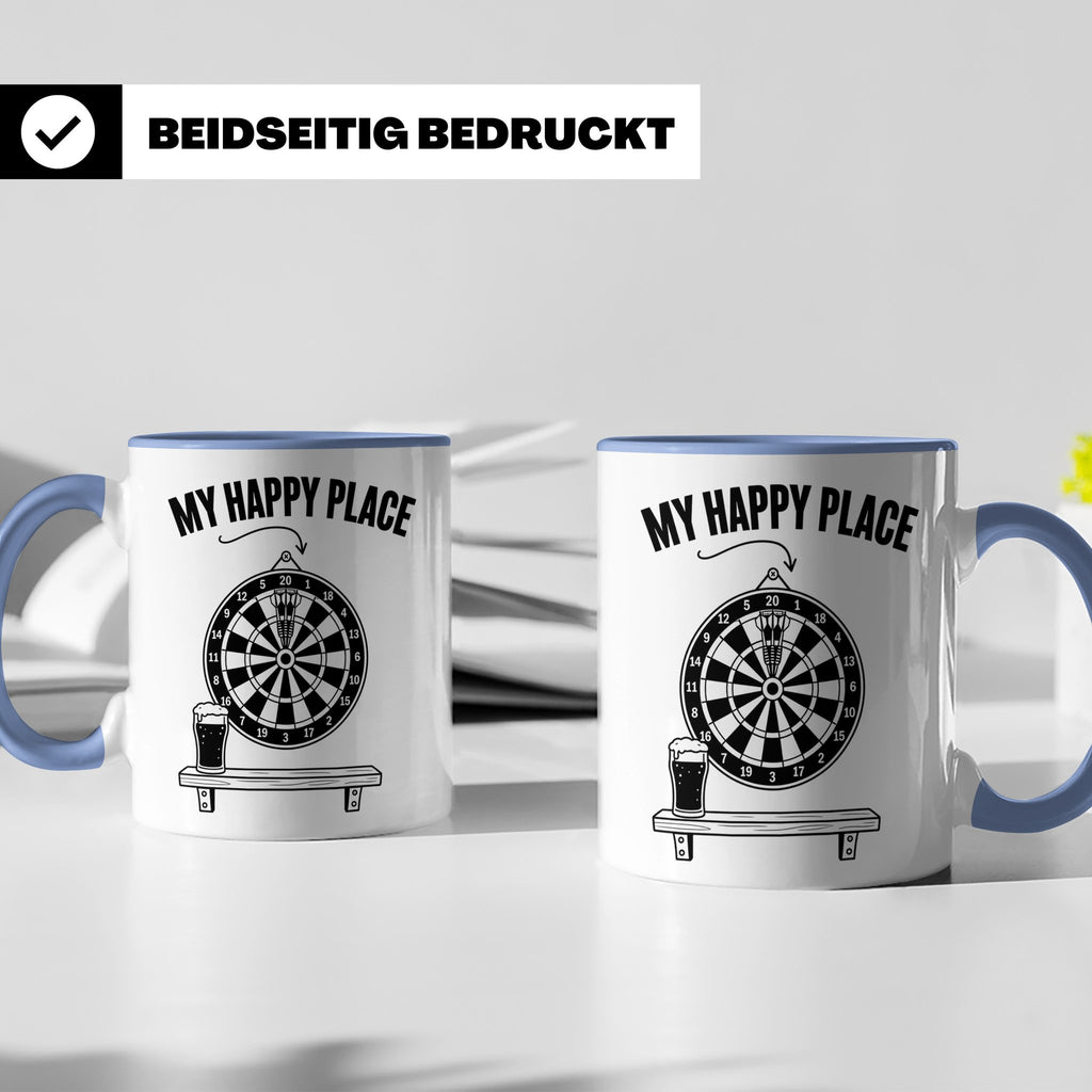 Dart Tasse My Happy Place Spruch für Dartspieler & Fans Kaff – Blau [farbe:blau]