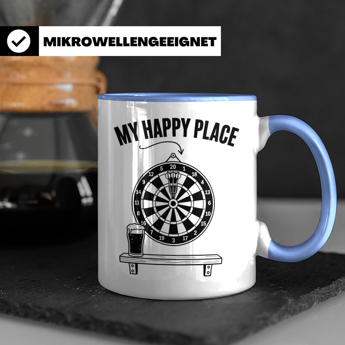 Dart Tasse My Happy Place Spruch für Dartspieler & Fans Kaff – Blau [farbe:blau]