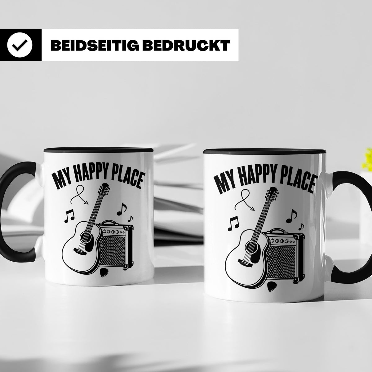 Gitarristen Tasse My Happy Place Spruch Akustikgitarre & Ver – Schwarz [farbe:schwarz]