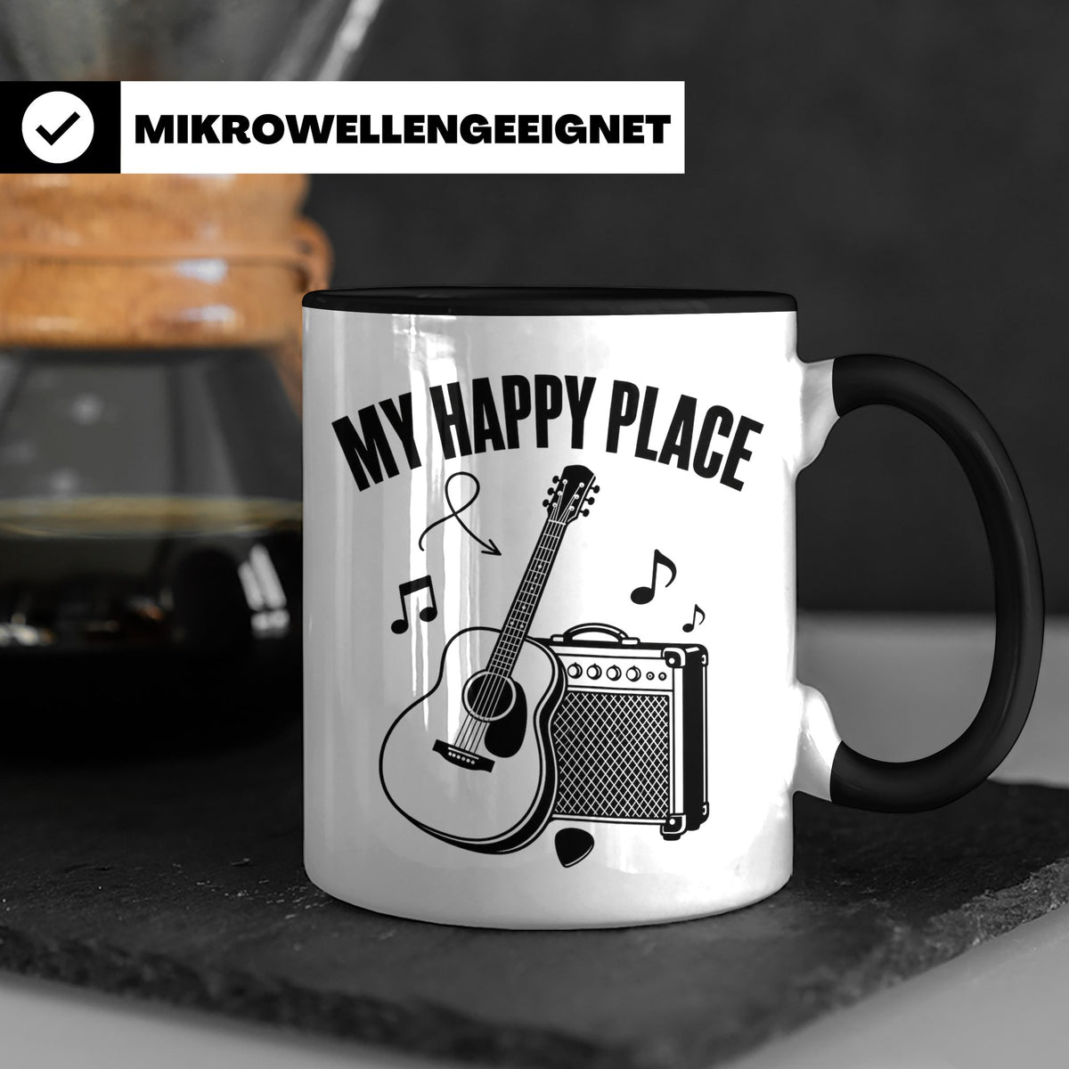 Gitarristen Tasse My Happy Place Spruch Akustikgitarre & Ver – Schwarz [farbe:schwarz]