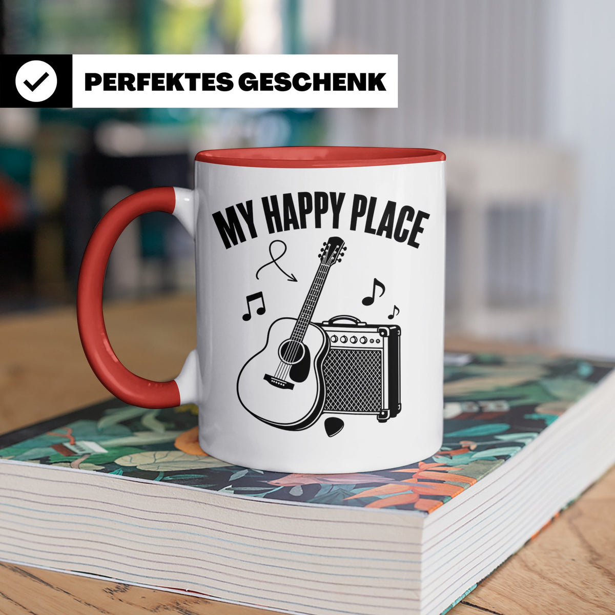 Gitarristen Tasse My Happy Place Spruch Akustikgitarre & Ver – Rot [farbe:rot]