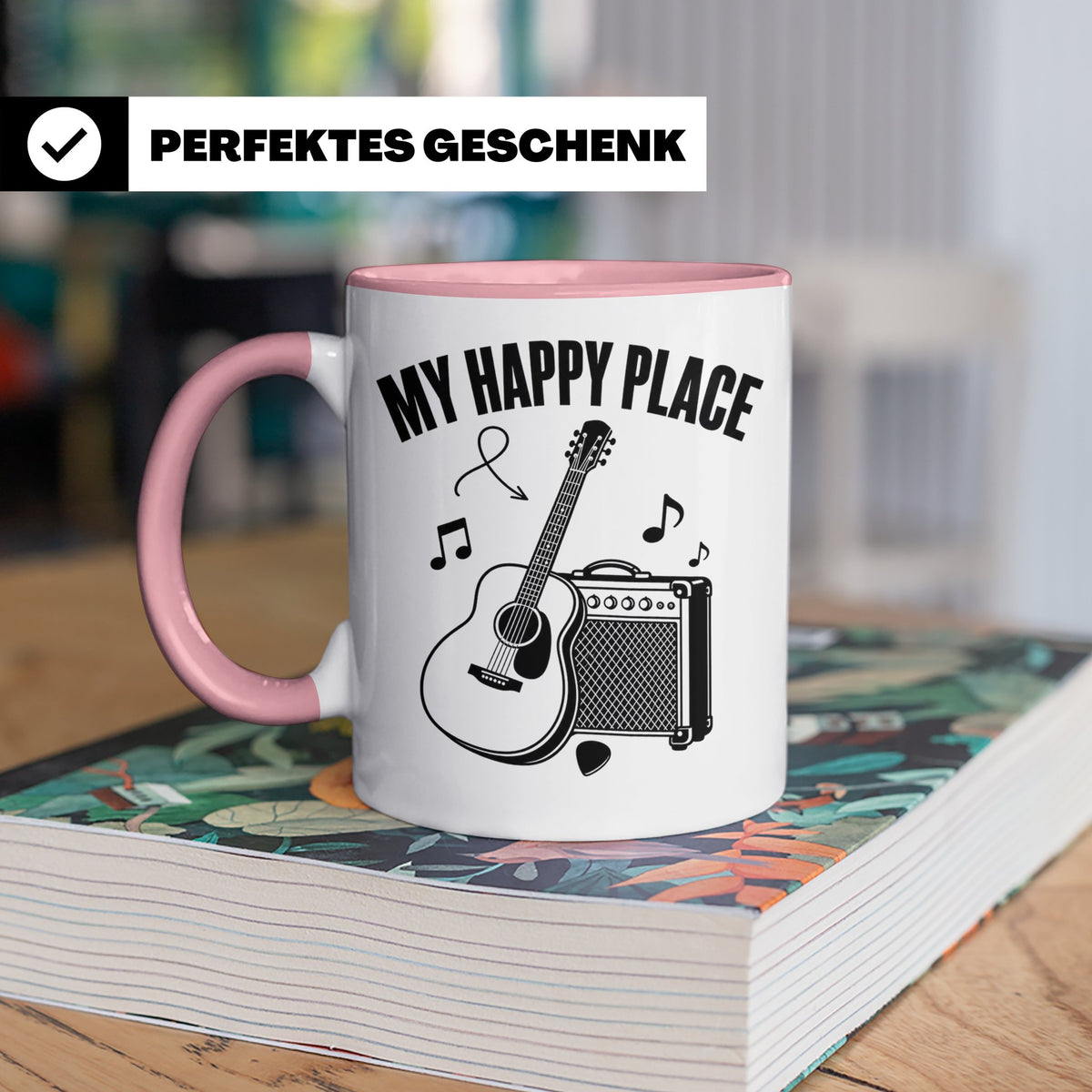 Gitarristen Tasse My Happy Place Spruch Akustikgitarre & Ver – Rosa [farbe:rosa]