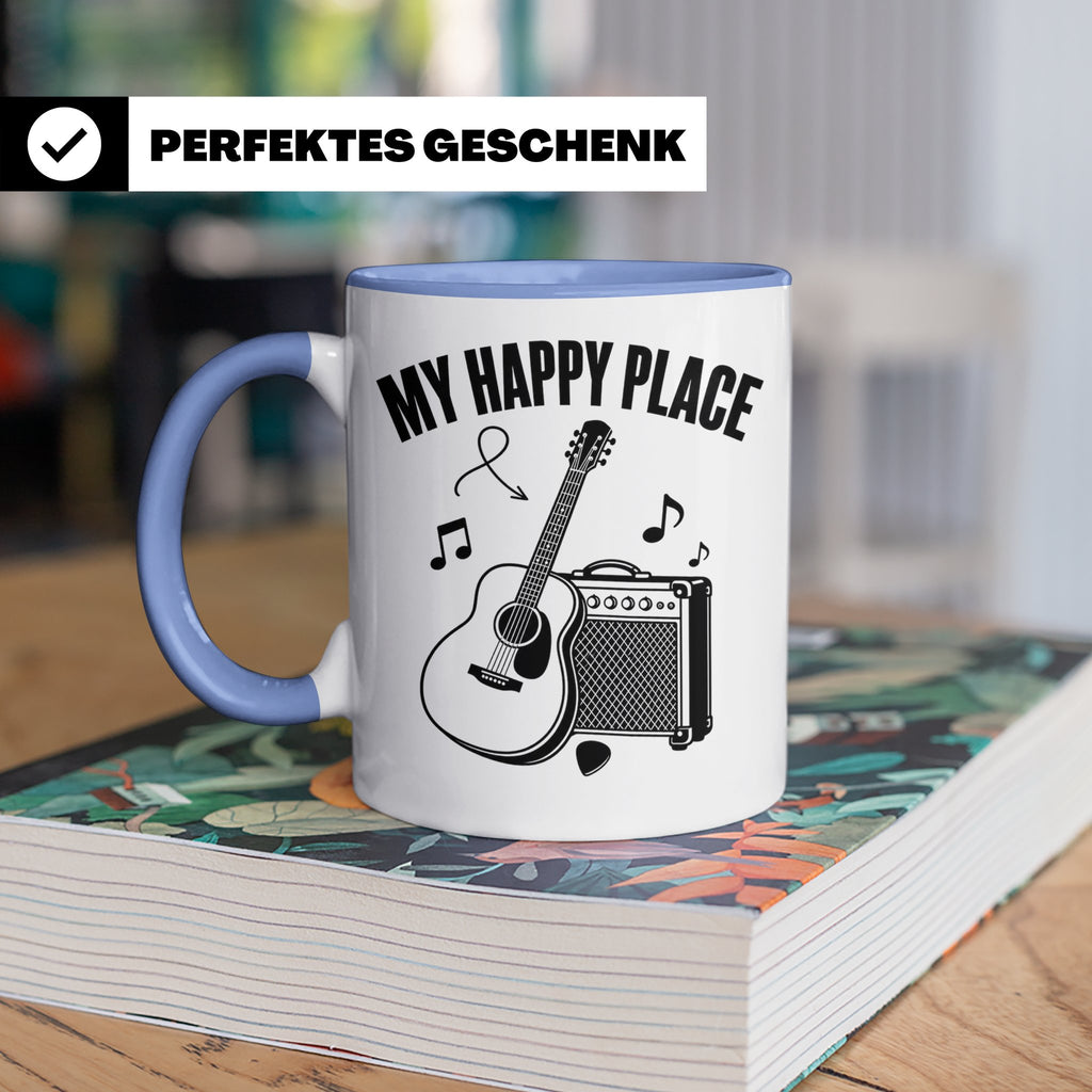 Gitarristen Tasse My Happy Place Spruch Akustikgitarre & Ver – Blau [farbe:blau]