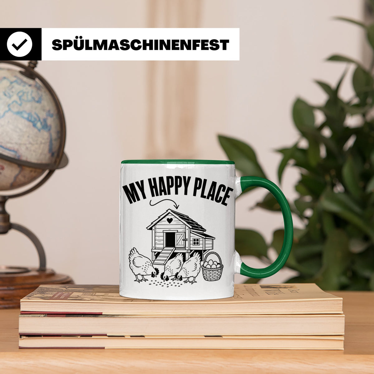 Hühner Tasse My Happy Place Hühnerstall lustiger Spruch für  – Grün [farbe:grün]