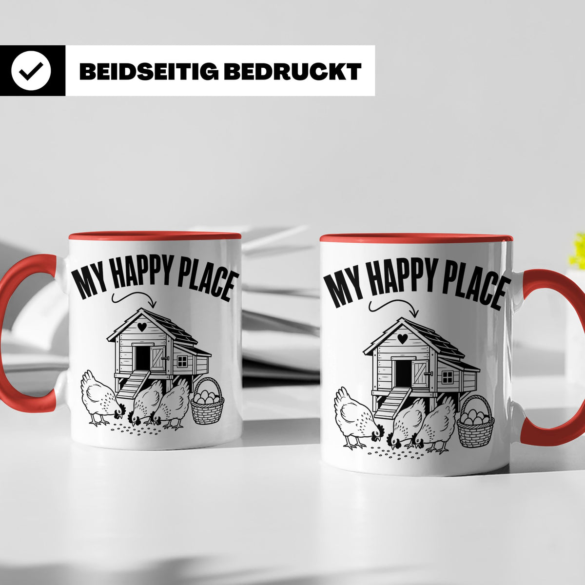Hühner Tasse My Happy Place Hühnerstall lustiger Spruch für  – Rot [farbe:rot]