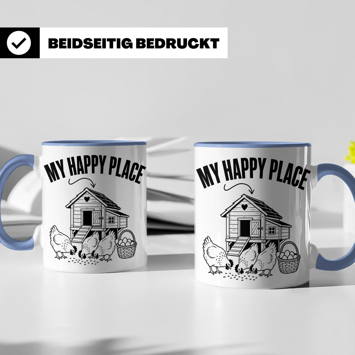 Hühner Tasse My Happy Place Hühnerstall lustiger Spruch für  – Blau [farbe:blau]