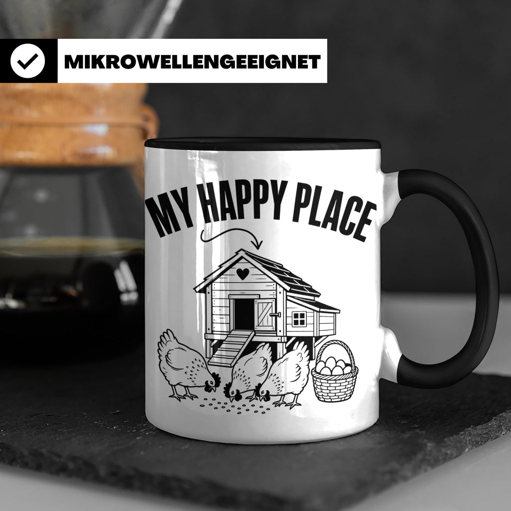 Hühner Tasse My Happy Place Hühnerstall lustiger Spruch für  – Schwarz [farbe:schwarz]