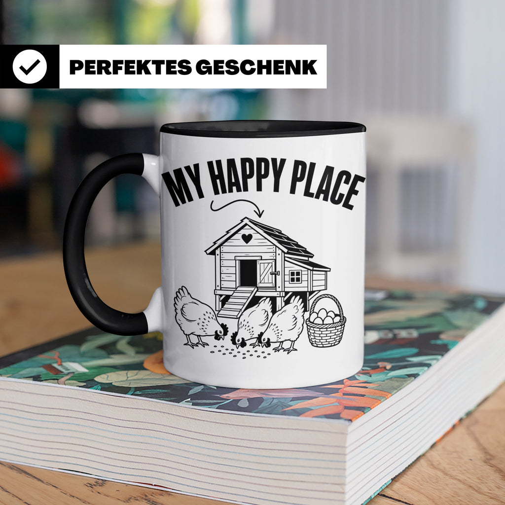 Hühner Tasse My Happy Place Hühnerstall lustiger Spruch für  – Schwarz [farbe:schwarz]